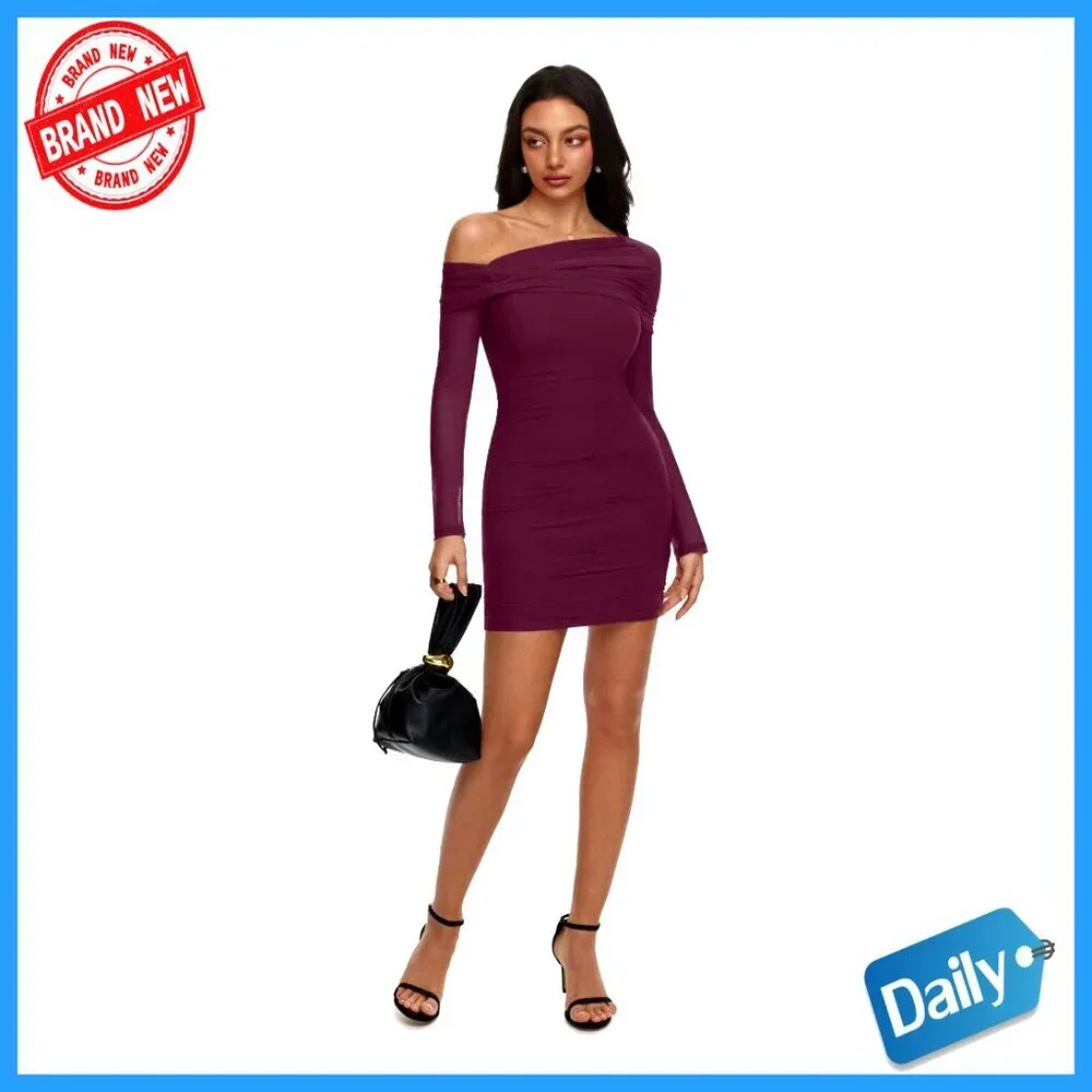 Sexy Off Shoulder Long Sleeve Ruched Bodycon Mini Dress Mesh Sheer Cocktail Club